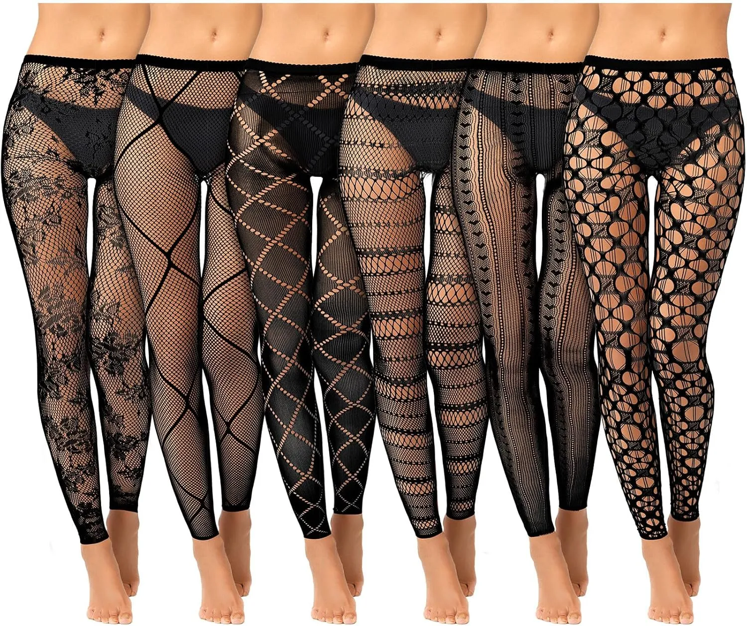 Hicarer 6 Pairs Womens Black Fishnet Footless Tights High Waist Fish Net Thigh High Stockings Stripe Footless Pantyhose Mesh Leggings for Women