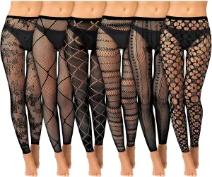 Hicarer 6 Pairs Womens Black Fishnet Footless Tights High Waist Fish Net Thigh High Stockings Stripe Footless Pantyhose Mesh Leggings for Women