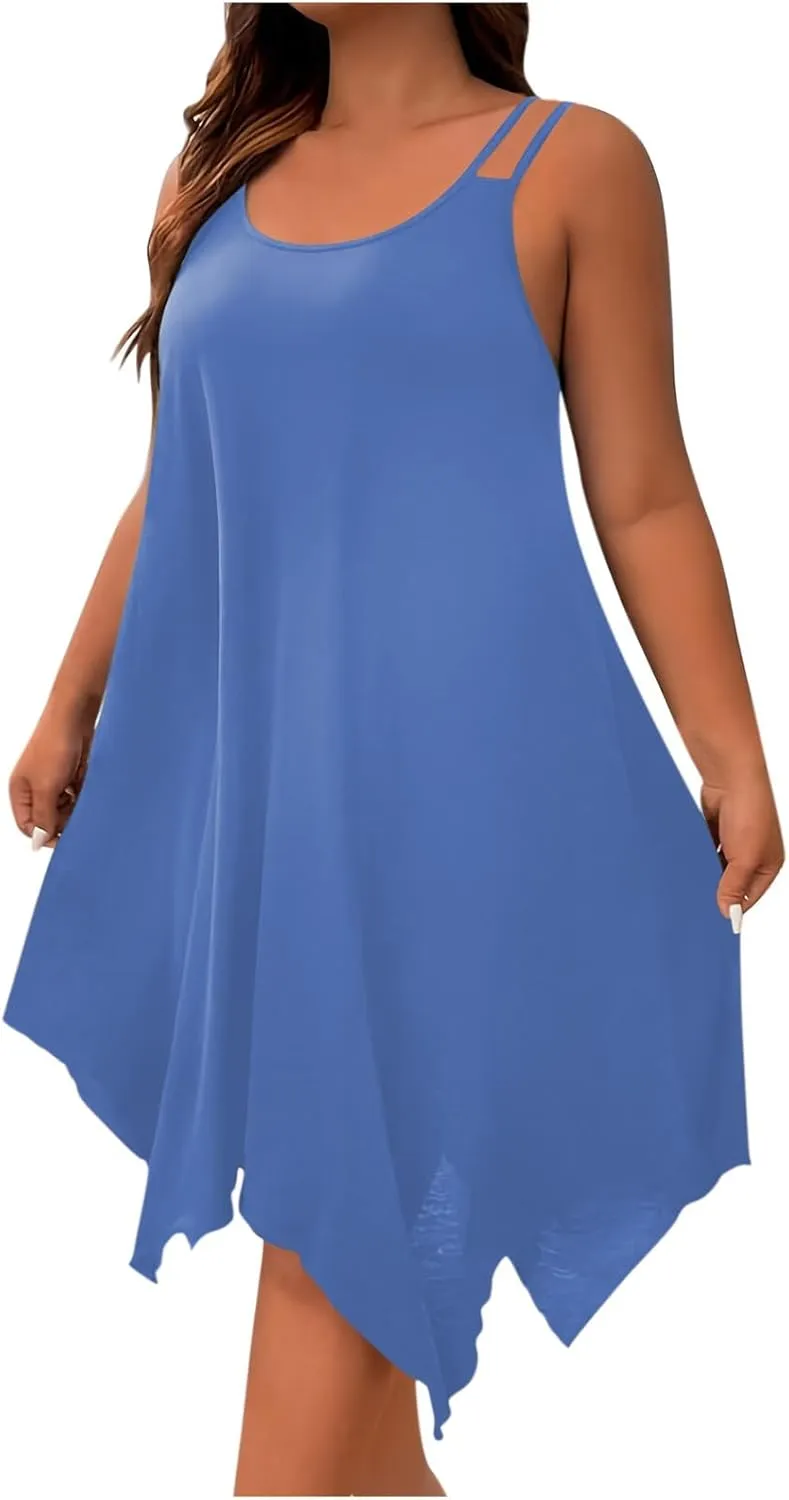 hlysgo Plus Size Dress for Women 2025 Summer Sleeveless V Neck Mini Dresses Casual Loose Fit Handkerchief Hem Short Sundress