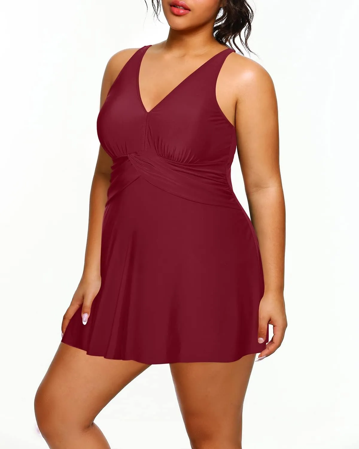 Holipick Plus Size Swim Dress Women - One Piece Swimsuit with Skirt V Neck Tummy Control Bathing Suit