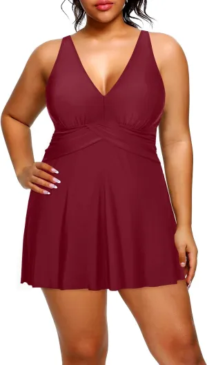 Holipick Plus Size Swim Dress Women - One Piece Swimsuit with Skirt V Neck Tummy Control Bathing Suit