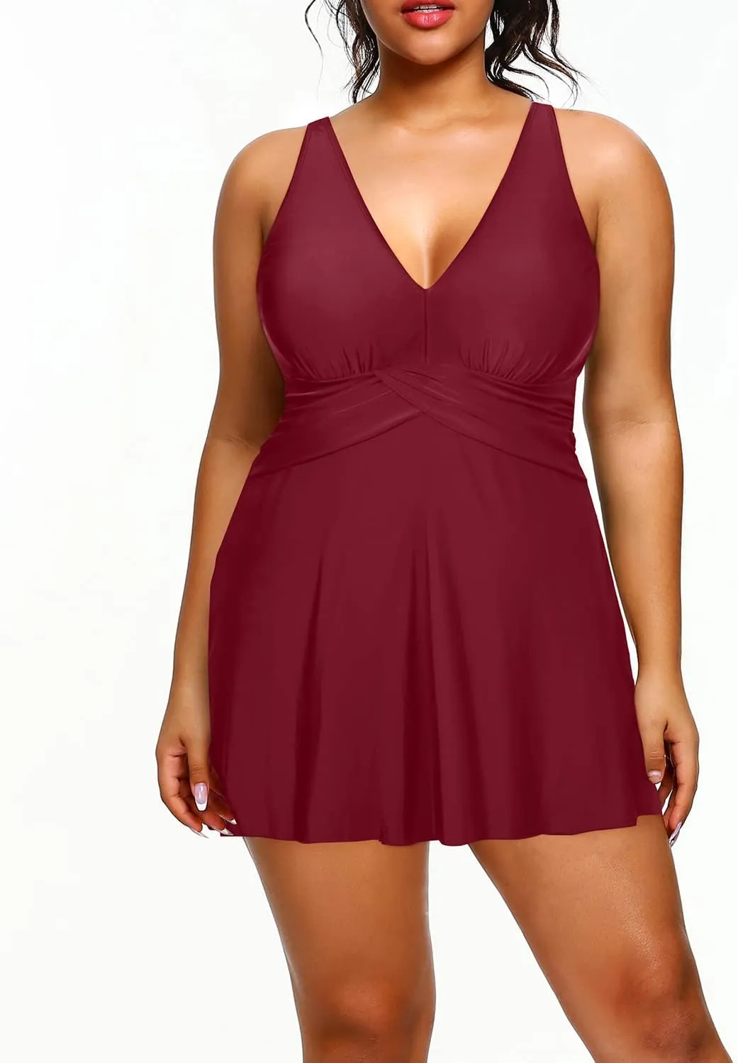 Holipick Plus Size Swim Dress Women - One Piece Swimsuit with Skirt V Neck Tummy Control Bathing Suit