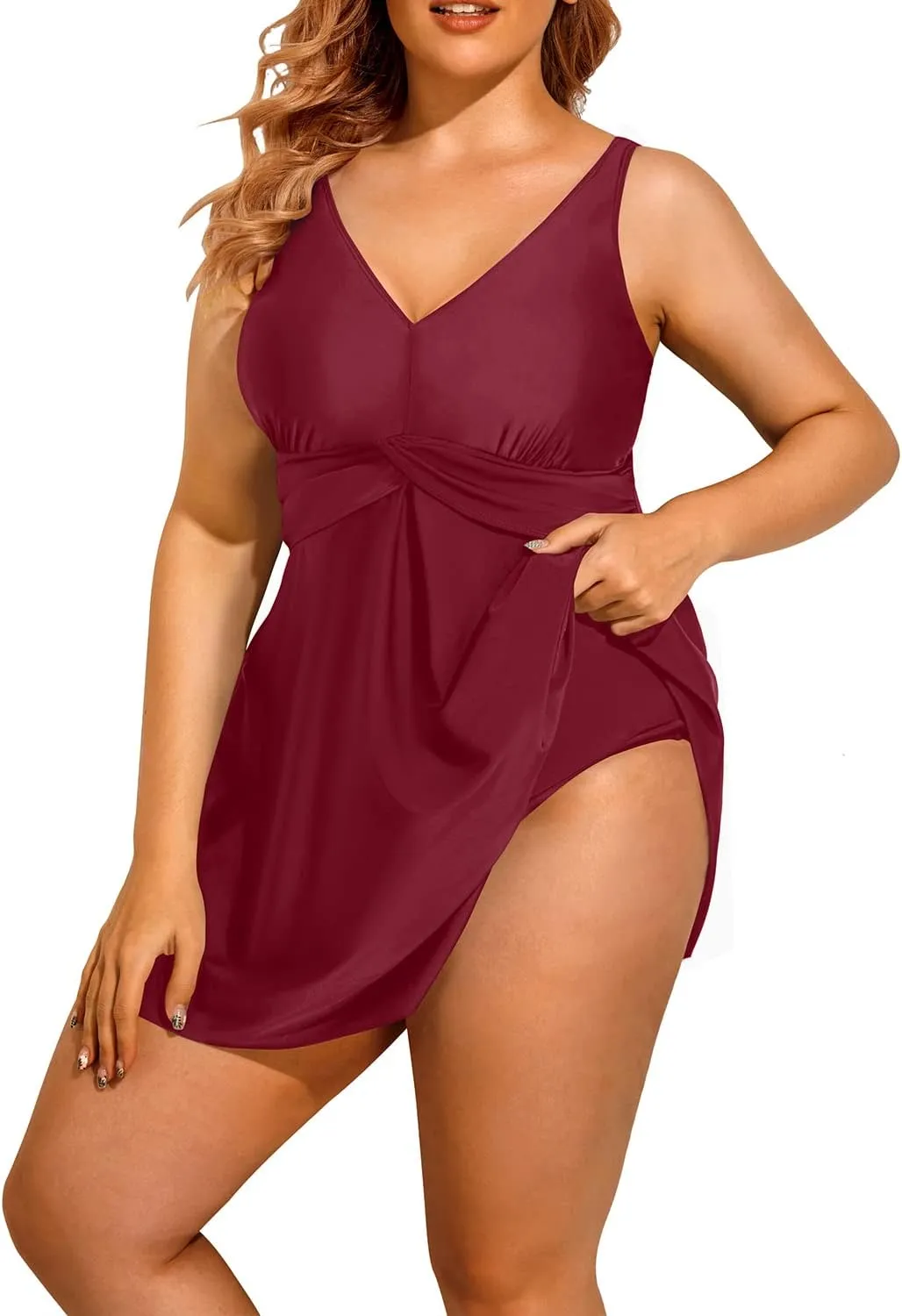 Holipick Plus Size Swim Dress Women - One Piece Swimsuit with Skirt V Neck Tummy Control Bathing Suit