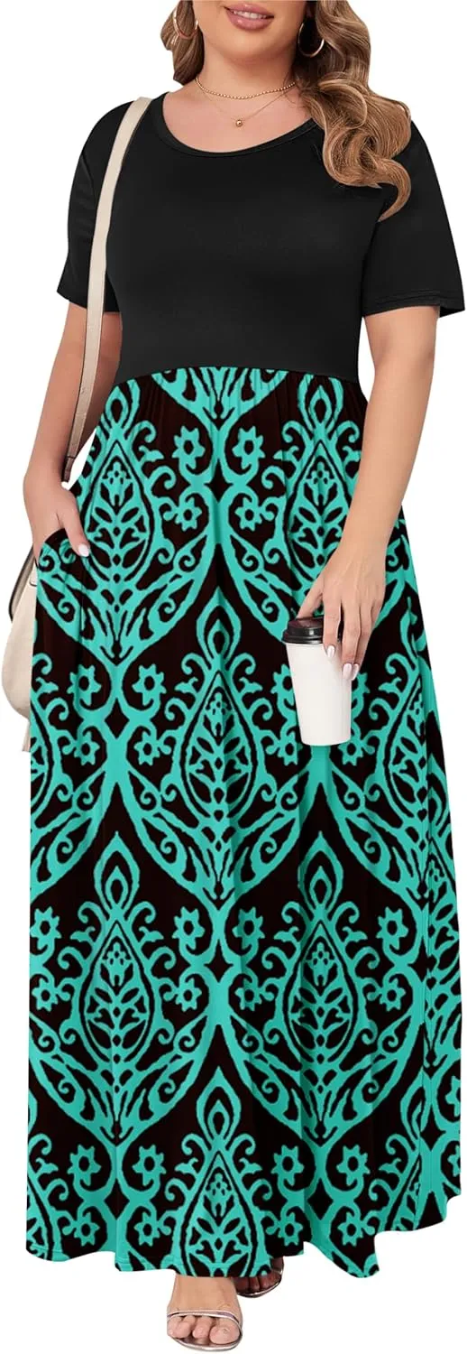 KARALIN Womens Plus Size Maxi Dresses for Curvy Women Summer Casual Short Sleeve 2025 Long Dress 14W-26W