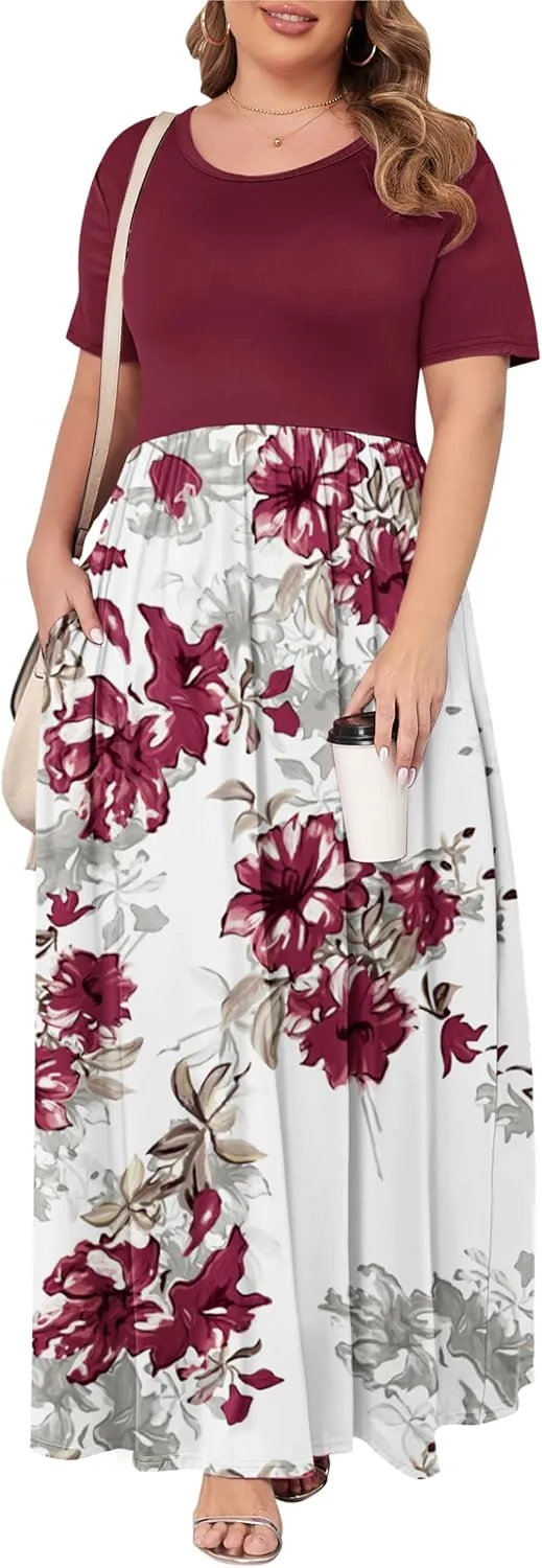 KARALIN Womens Plus Size Maxi Dresses for Curvy Women Summer Casual Short Sleeve 2025 Long Dress 14W-26W