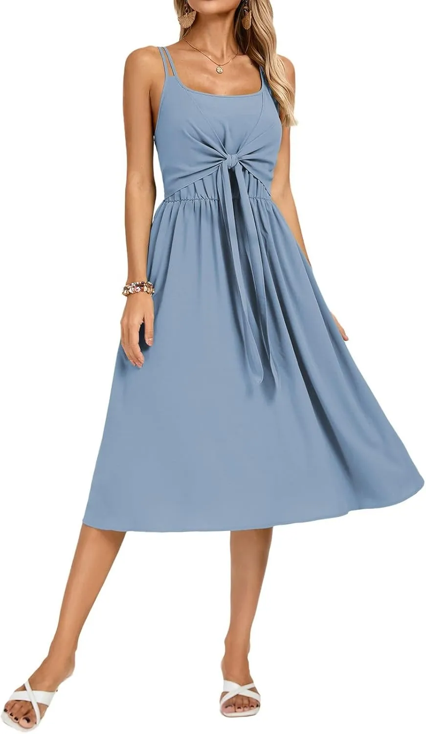 Kate Kasin Women Summer Spaghetti Strap Midi Dress with Pockets Square Neck Tie Front Smocked Back Casual Boho Beach Sundress