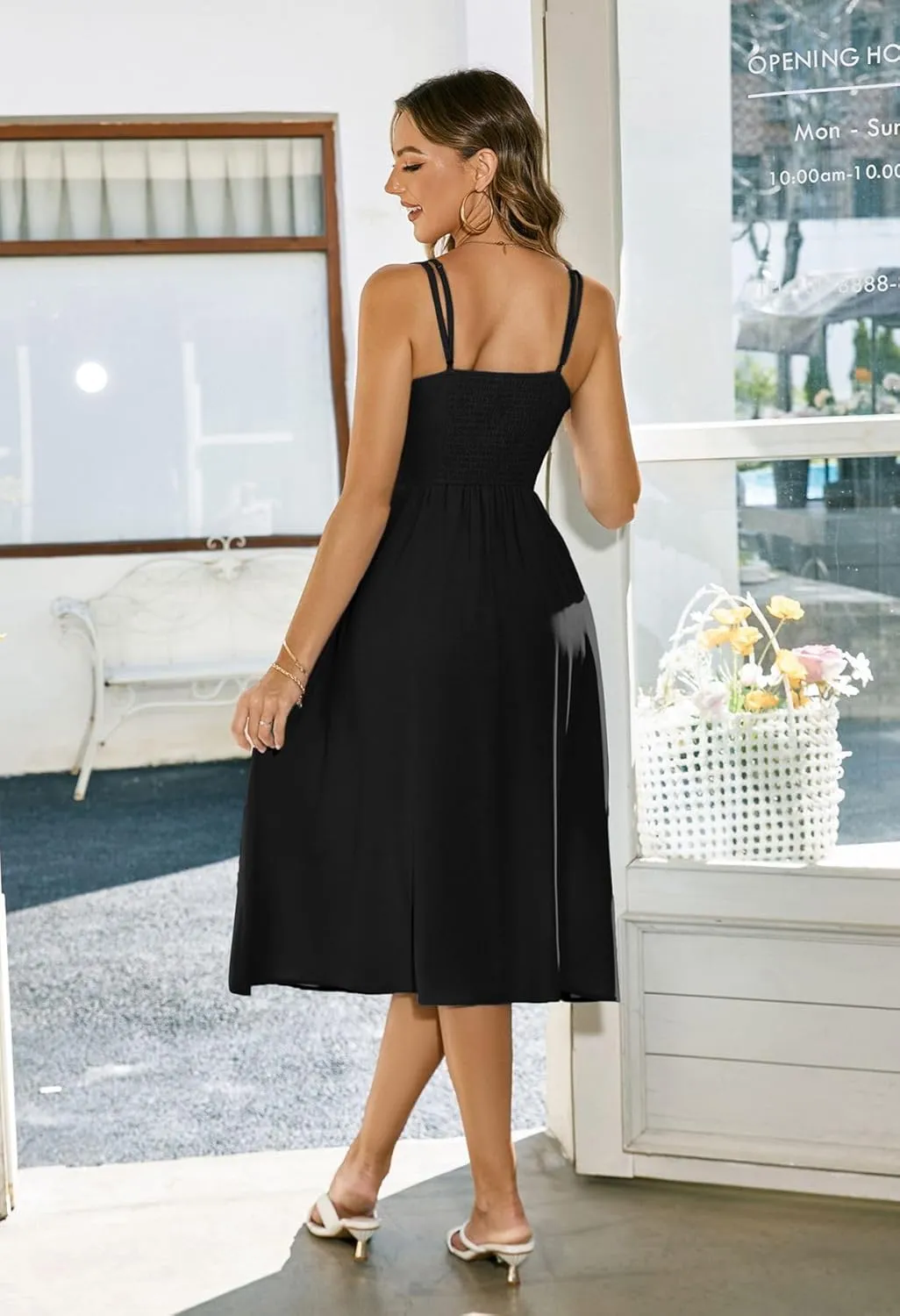 Kate Kasin Women Summer Spaghetti Strap Midi Dress with Pockets Square Neck Tie Front Smocked Back Casual Boho Beach Sundress