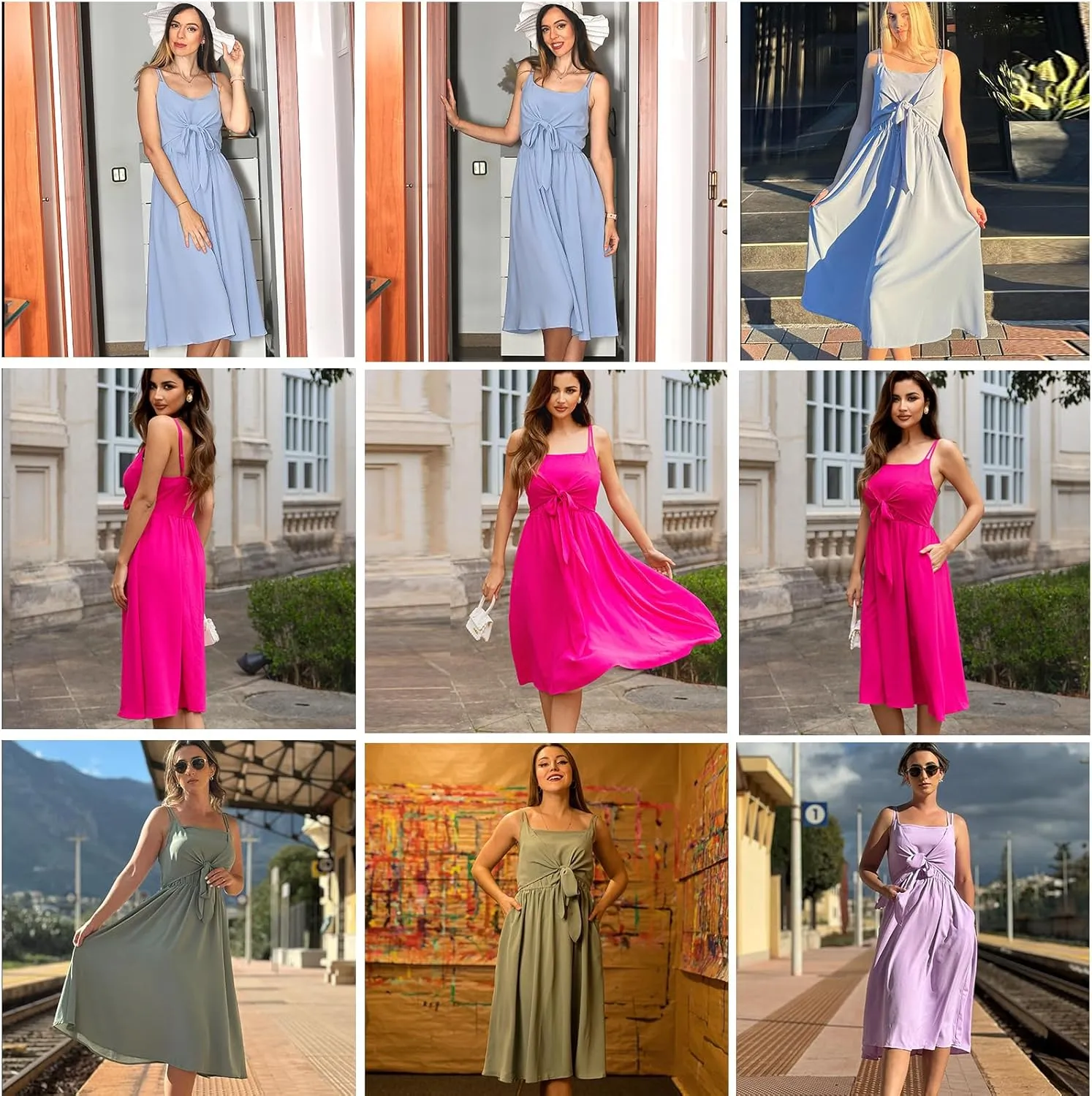 Kate Kasin Women Summer Spaghetti Strap Midi Dress with Pockets Square Neck Tie Front Smocked Back Casual Boho Beach Sundress