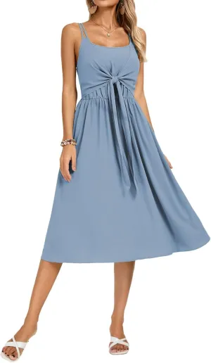 Kate Kasin Women Summer Spaghetti Strap Midi Dress with Pockets Square Neck Tie Front Smocked Back Casual Boho Beach Sundress