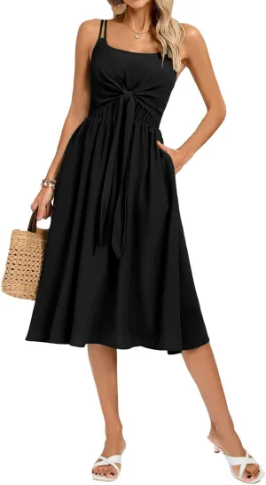 Kate Kasin Women Summer Spaghetti Strap Midi Dress with Pockets Square Neck Tie Front Smocked Back Casual Boho Beach Sundress