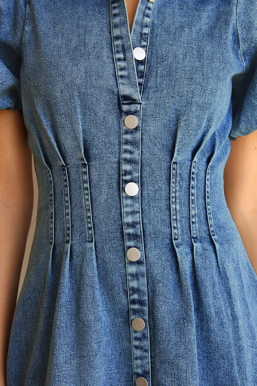 KDF Summer Denim Dress for Women Puff Sleeve Slim Fit Jean Dresses for Women 2025 Casual