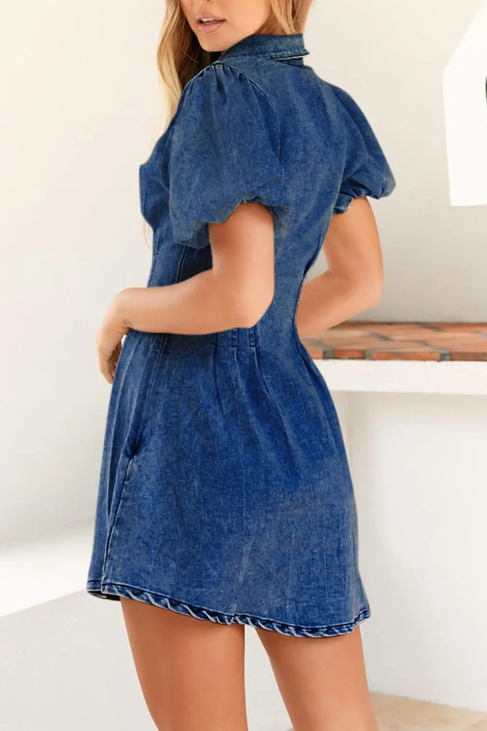 KDF Summer Denim Dress for Women Puff Sleeve Slim Fit Jean Dresses for Women 2025 Casual