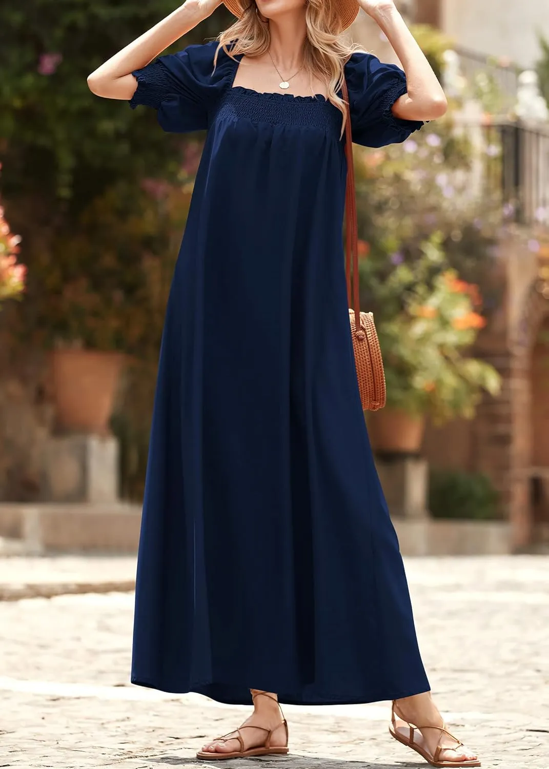 KIRUNDO Women 2025 Summer Maxi Dress Casual Loose Puff Sleeve Square Neck Maternity Flowy Long Beach Dresses with Pockets