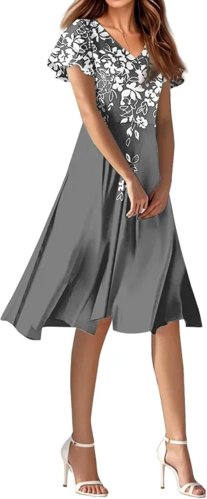 Knee Length Dress for Women Bohemian Summer Short Sleeve Summer 2025 V Neck Modest Sundress Floral Dress