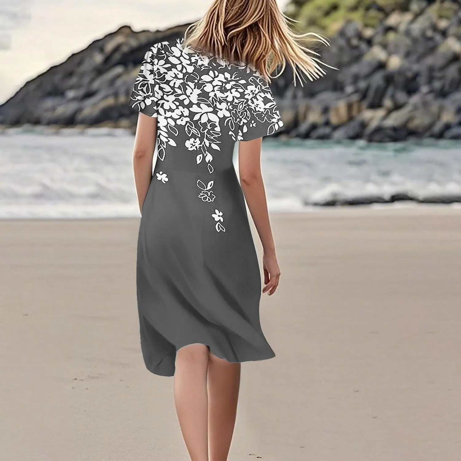 Knee Length Dress for Women Bohemian Summer Short Sleeve Summer 2025 V Neck Modest Sundress Floral Dress