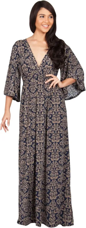 KOH KOH Womens Long 3/4 Sleeve V Neck Bohemian Print Flowy Maxi Dress Gown