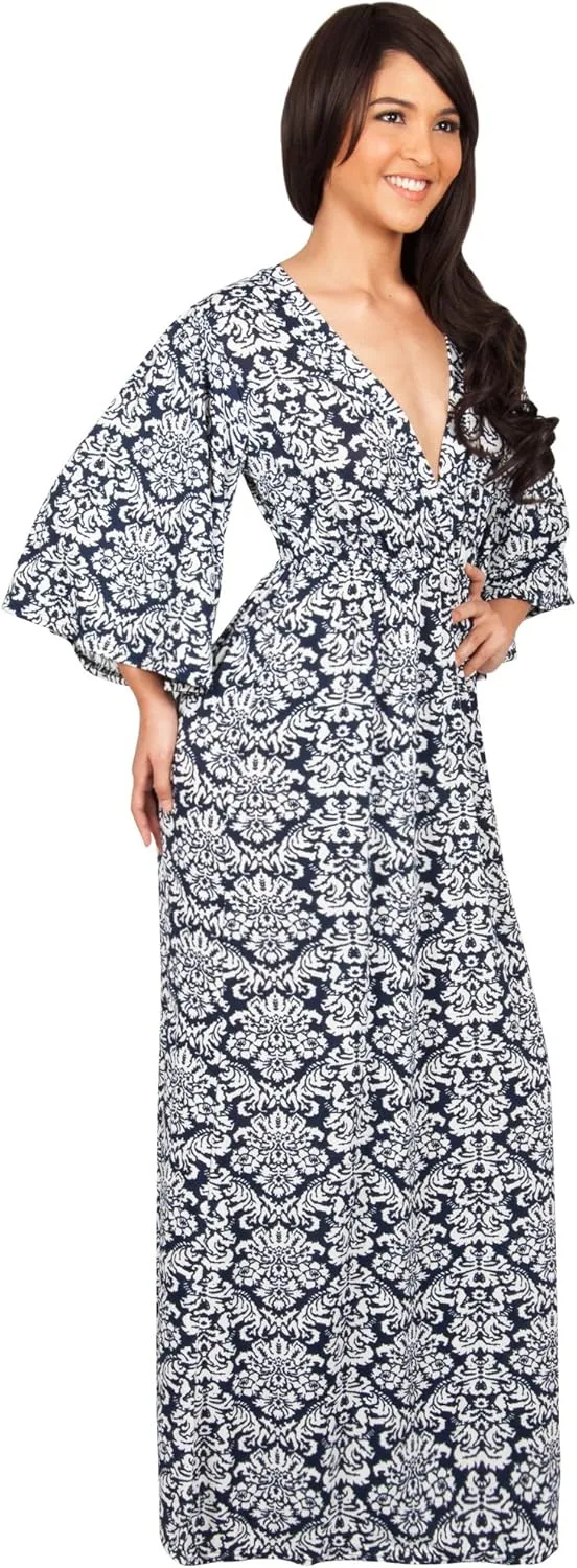 KOH KOH Womens Long 3/4 Sleeve V Neck Bohemian Print Flowy Maxi Dress Gown