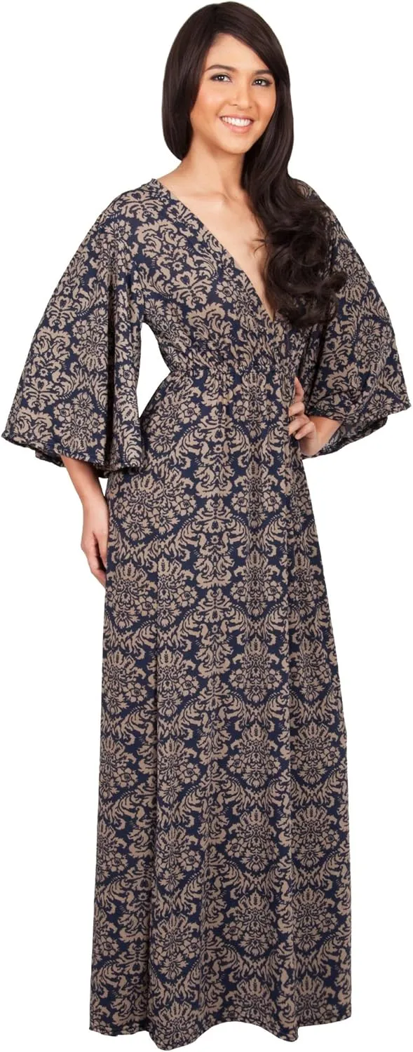 KOH KOH Womens Long 3/4 Sleeve V Neck Bohemian Print Flowy Maxi Dress Gown