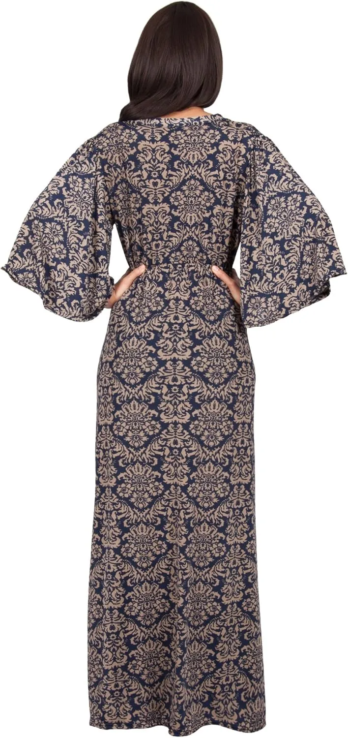 KOH KOH Womens Long 3/4 Sleeve V Neck Bohemian Print Flowy Maxi Dress Gown