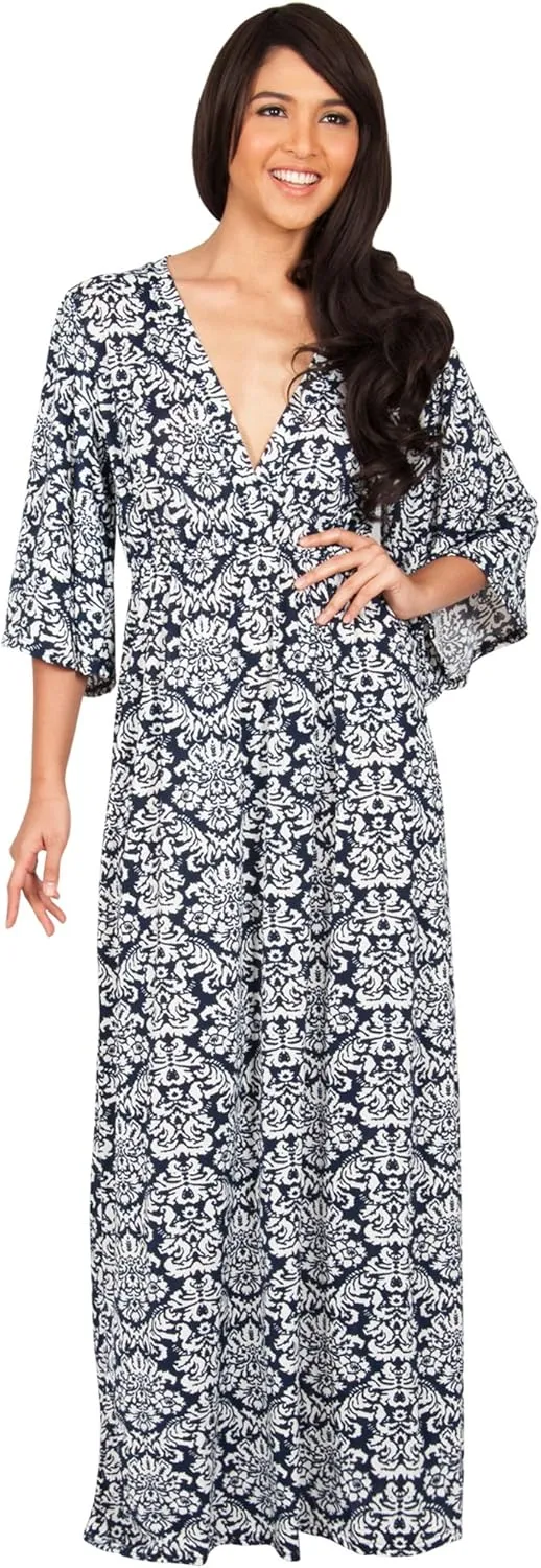 KOH KOH Womens Long 3/4 Sleeve V Neck Bohemian Print Flowy Maxi Dress Gown