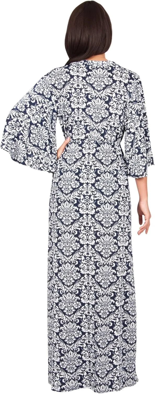 KOH KOH Womens Long 3/4 Sleeve V Neck Bohemian Print Flowy Maxi Dress Gown