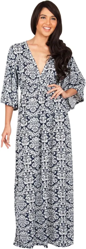 KOH KOH Womens Long 3/4 Sleeve V Neck Bohemian Print Flowy Maxi Dress Gown