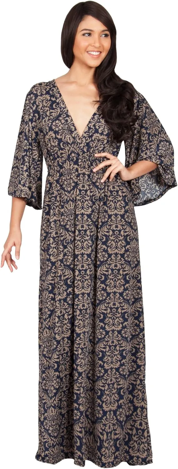KOH KOH Womens Long 3/4 Sleeve V Neck Bohemian Print Flowy Maxi Dress Gown