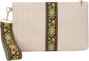 Komociya Straw Clutch Purses for Women, Bohemian Wristlet Wallets Summer Woven Straw Bags Casual Handbag