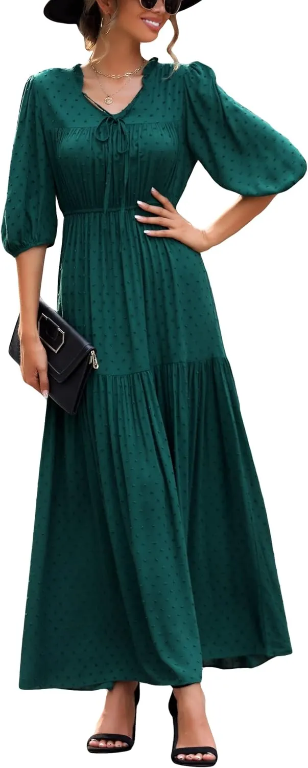 Kormei Womens 3/4 Sleeve Tie V Neck Swiss Dot Elastic Waist Tiered Ruffle Casual Swing A-Line Maxi Long Dress