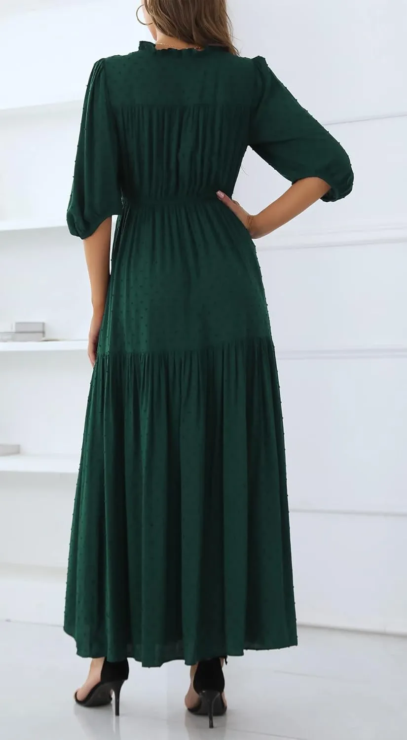 Kormei Womens 3/4 Sleeve Tie V Neck Swiss Dot Elastic Waist Tiered Ruffle Casual Swing A-Line Maxi Long Dress