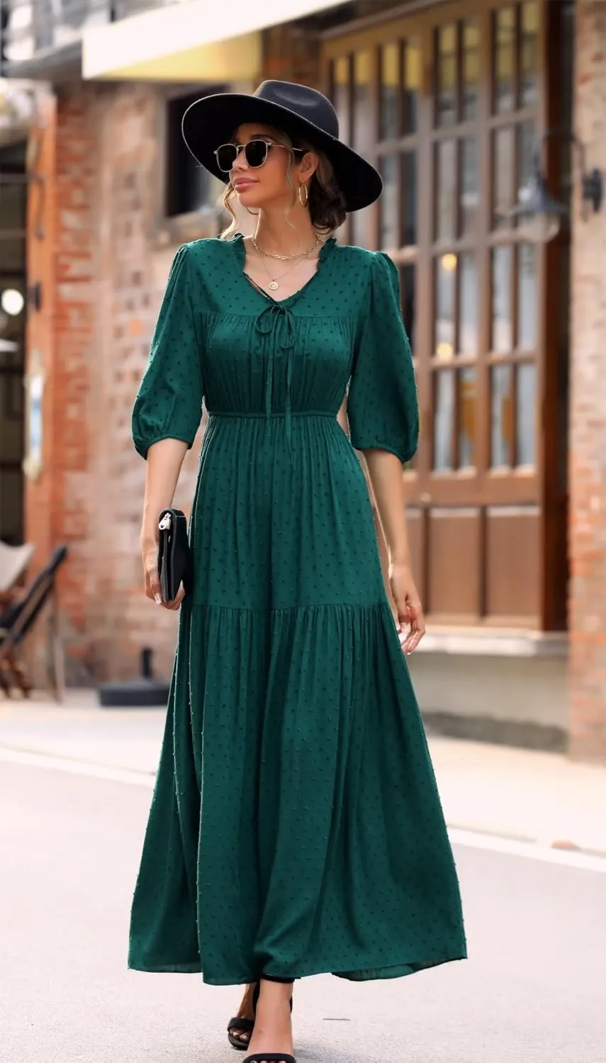 Kormei Womens 3/4 Sleeve Tie V Neck Swiss Dot Elastic Waist Tiered Ruffle Casual Swing A-Line Maxi Long Dress