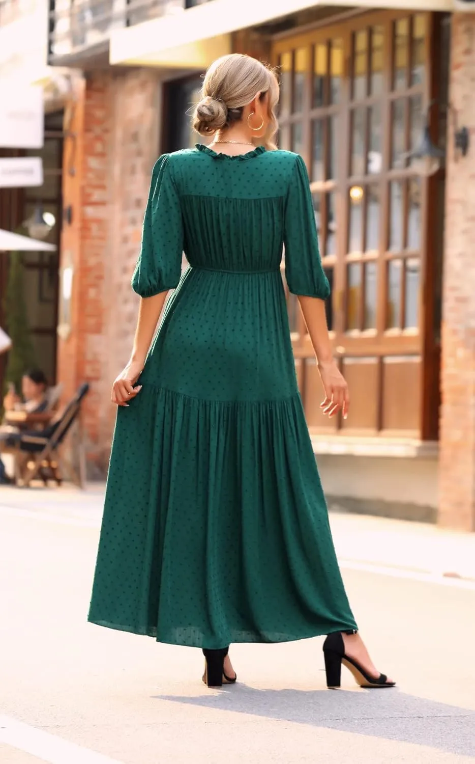 Kormei Womens 3/4 Sleeve Tie V Neck Swiss Dot Elastic Waist Tiered Ruffle Casual Swing A-Line Maxi Long Dress