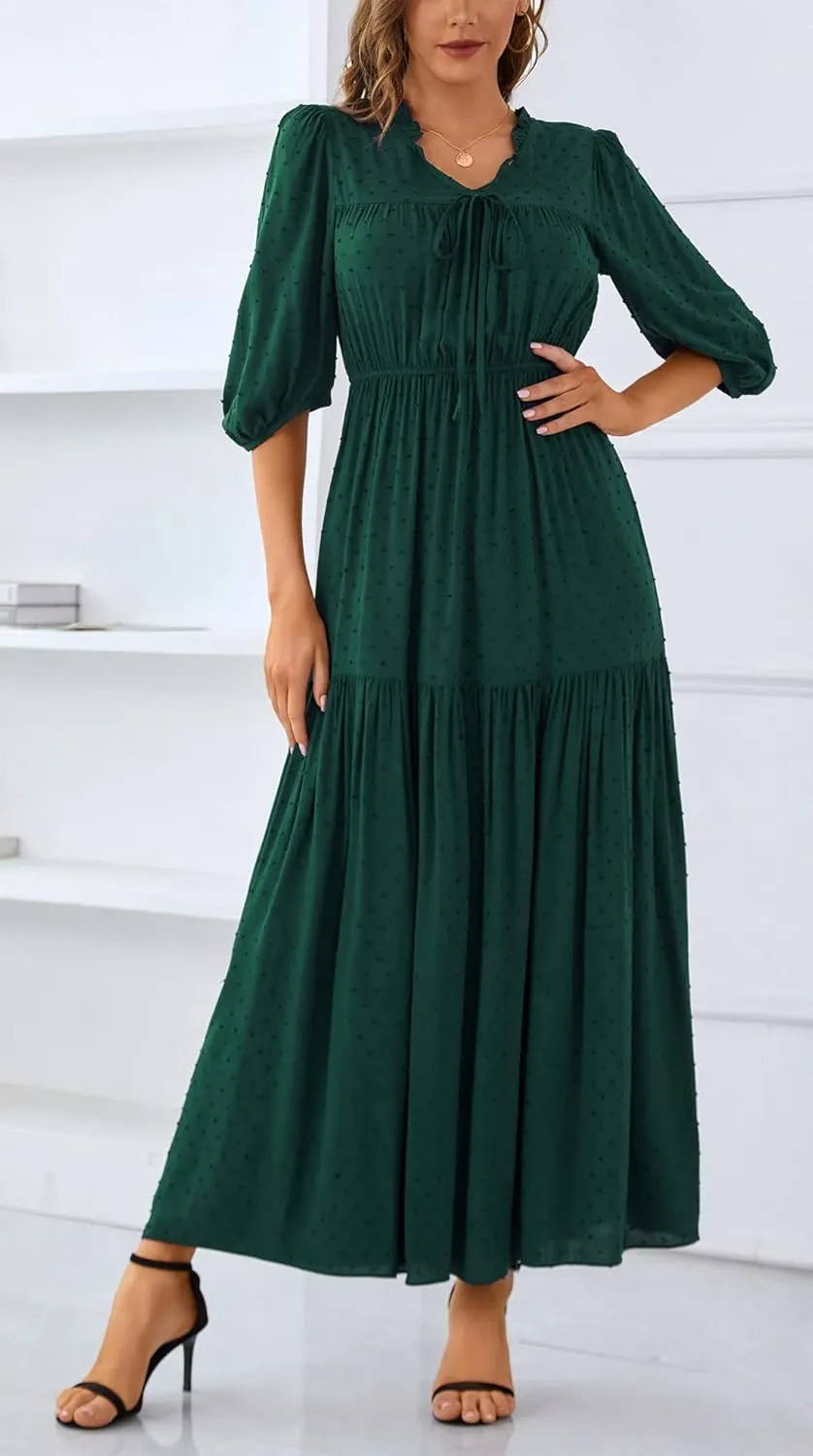 Kormei Womens 3/4 Sleeve Tie V Neck Swiss Dot Elastic Waist Tiered Ruffle Casual Swing A-Line Maxi Long Dress