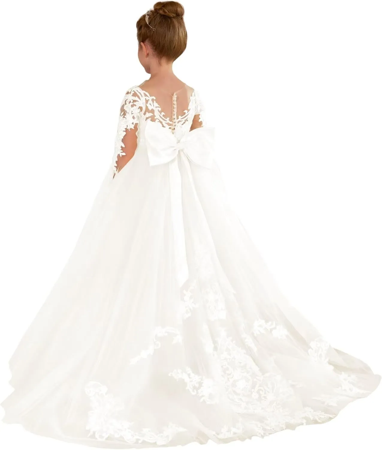 Lace Flower Girl Dress for Wedding Party Puffy Tulle Elegant Floor Long Princess First Communion Gown with Bow