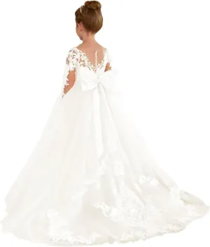 Lace Flower Girl Dress for Wedding Party Puffy Tulle Elegant Floor Long Princess First Communion Gown with Bow