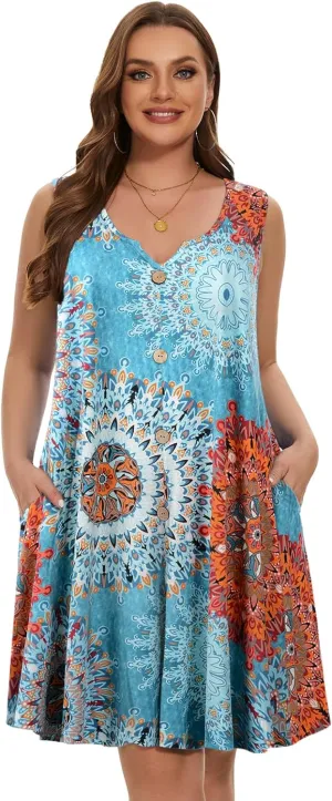 LARACE Women Plus Size Summer Dresses V Neck Sleeveless A Line Sundresses Button Down Midi Dress with Pockets
