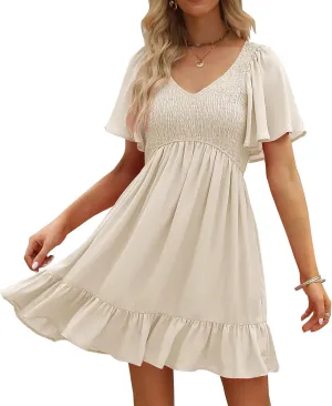 LILLUSORY Women's Flowy Casual Mini Dresses 2025 Summer Graduation Smocked V Neck Vacation Dress Dress with Pockets
