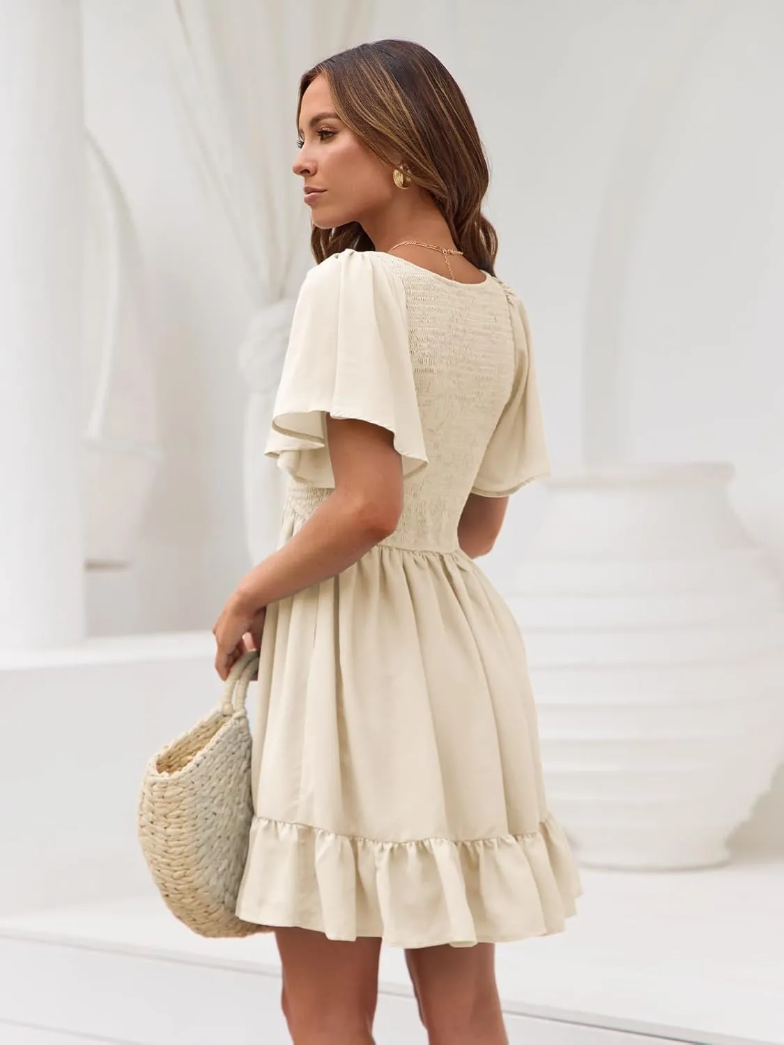 LILLUSORY Women's Flowy Casual Mini Dresses 2025 Summer Graduation Smocked V Neck Vacation Dress Dress with Pockets