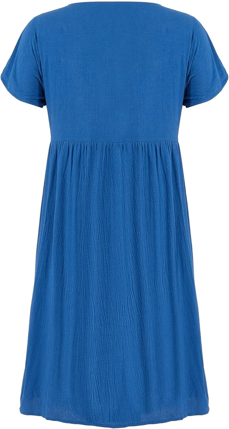 Linen Dress for Women Summer Trendy Short Sleeve Crewneck Maxi Dress Cotton Beach Dress with Pockets S-XXL