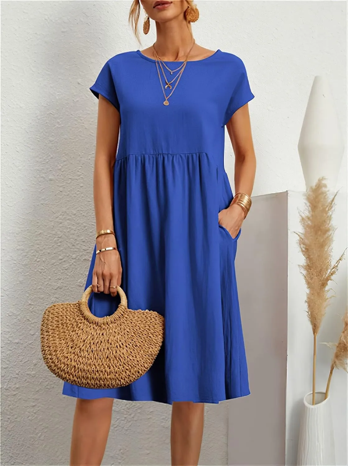Linen Dress for Women Summer Trendy Short Sleeve Crewneck Maxi Dress Cotton Beach Dress with Pockets S-XXL