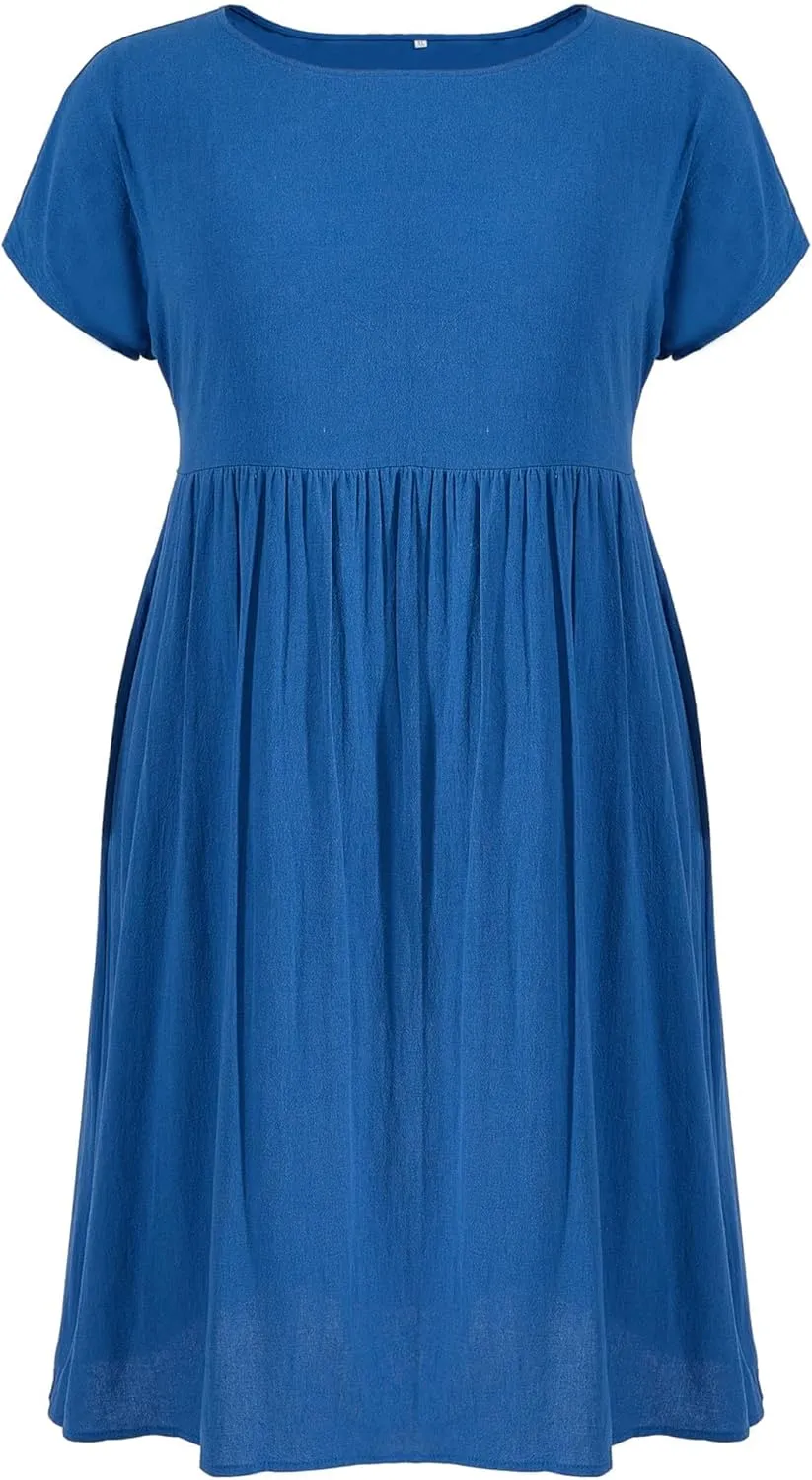 Linen Dress for Women Summer Trendy Short Sleeve Crewneck Maxi Dress Cotton Beach Dress with Pockets S-XXL