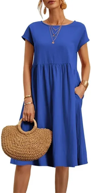 Linen Dress for Women Summer Trendy Short Sleeve Crewneck Maxi Dress Cotton Beach Dress with Pockets S-XXL