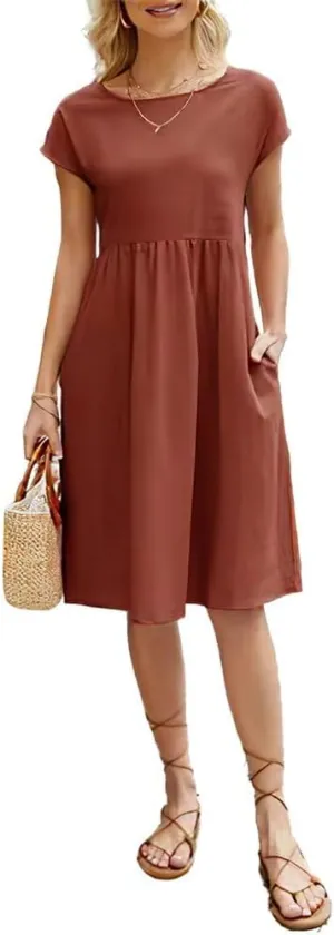 Linen Dress for Women Summer Trendy Short Sleeve Crewneck Maxi Dress Cotton Beach Dress with Pockets S-XXL