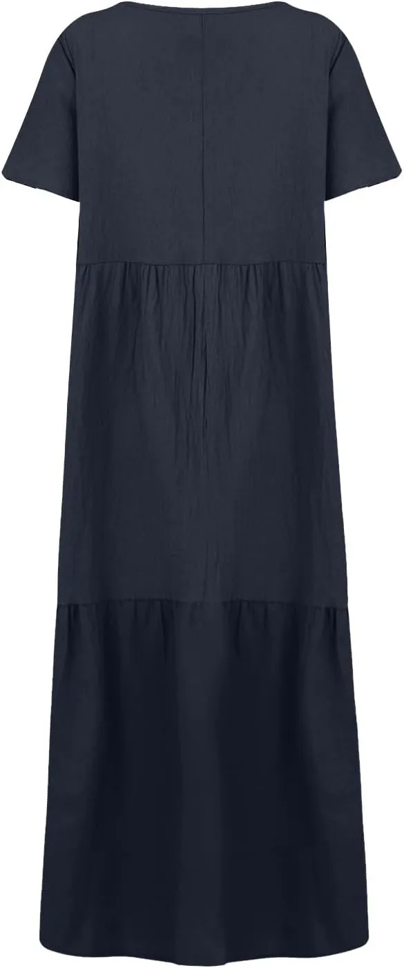 Linen Dresses for Women 2025 Summer Short Sleeve Cotton Sundresses Plus Size Flowy Casual Maxi Sundress Beach Dress