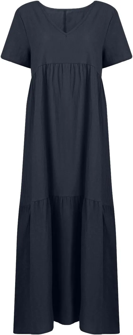 Linen Dresses for Women 2025 Summer Short Sleeve Cotton Sundresses Plus Size Flowy Casual Maxi Sundress Beach Dress