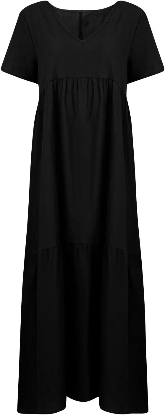 Linen Dresses for Women 2025 Summer Short Sleeve Cotton Sundresses Plus Size Flowy Casual Maxi Sundress Beach Dress