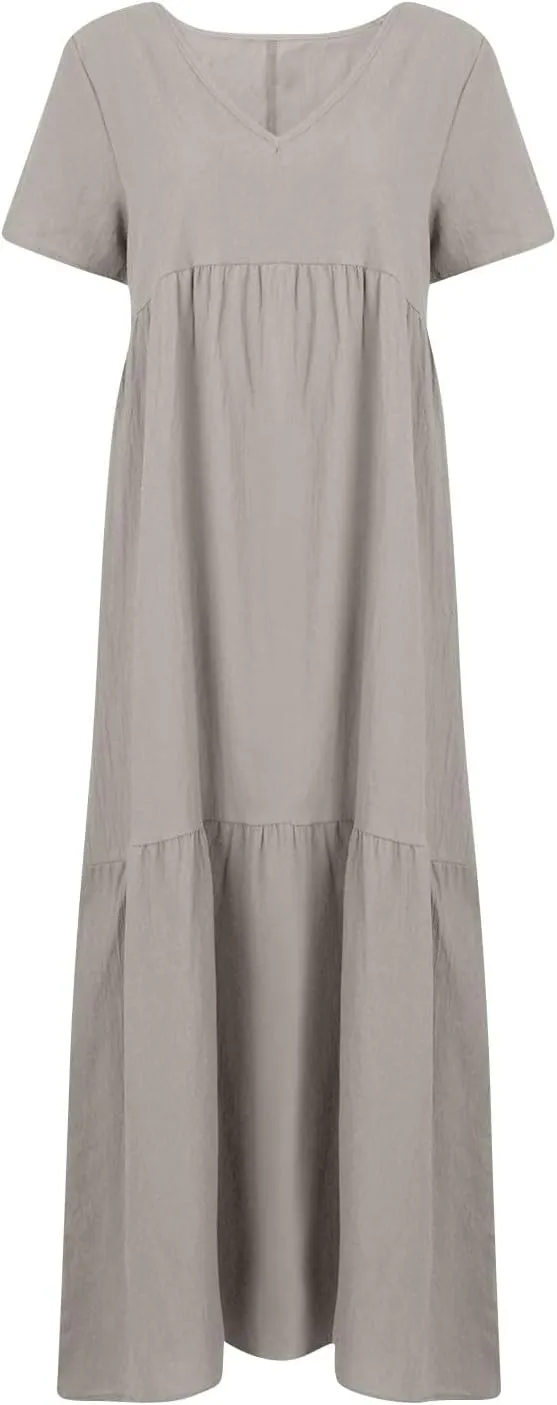 Linen Dresses for Women 2025 Summer Short Sleeve Cotton Sundresses Plus Size Flowy Casual Maxi Sundress Beach Dress
