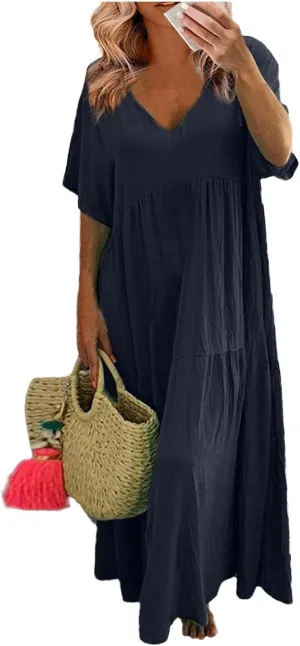 Linen Dresses for Women 2025 Summer Short Sleeve Cotton Sundresses Plus Size Flowy Casual Maxi Sundress Beach Dress