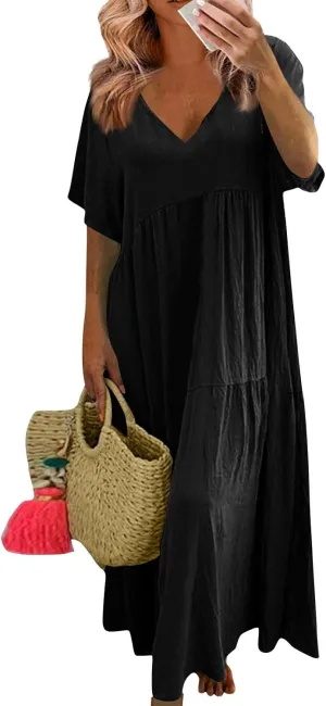 Linen Dresses for Women 2025 Summer Short Sleeve Cotton Sundresses Plus Size Flowy Casual Maxi Sundress Beach Dress