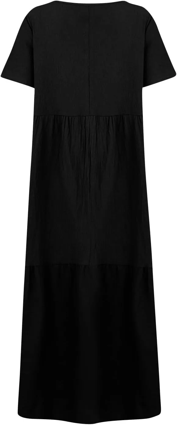 Linen Dresses for Women 2025 Summer Short Sleeve Cotton Sundresses Plus Size Flowy Casual Maxi Sundress Beach Dress